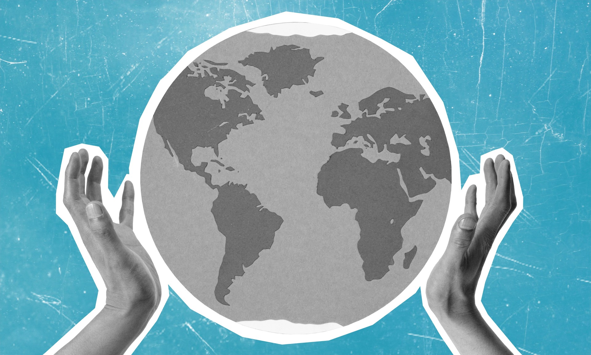 Hands support a gray globe on a blue background representing global unity and environmental awareness